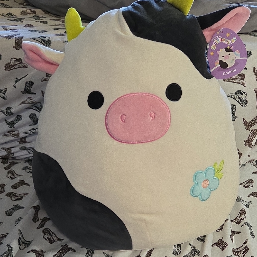 Large 16 Inch Squishmallows Connor Cow Plush in Black, White, and Pink